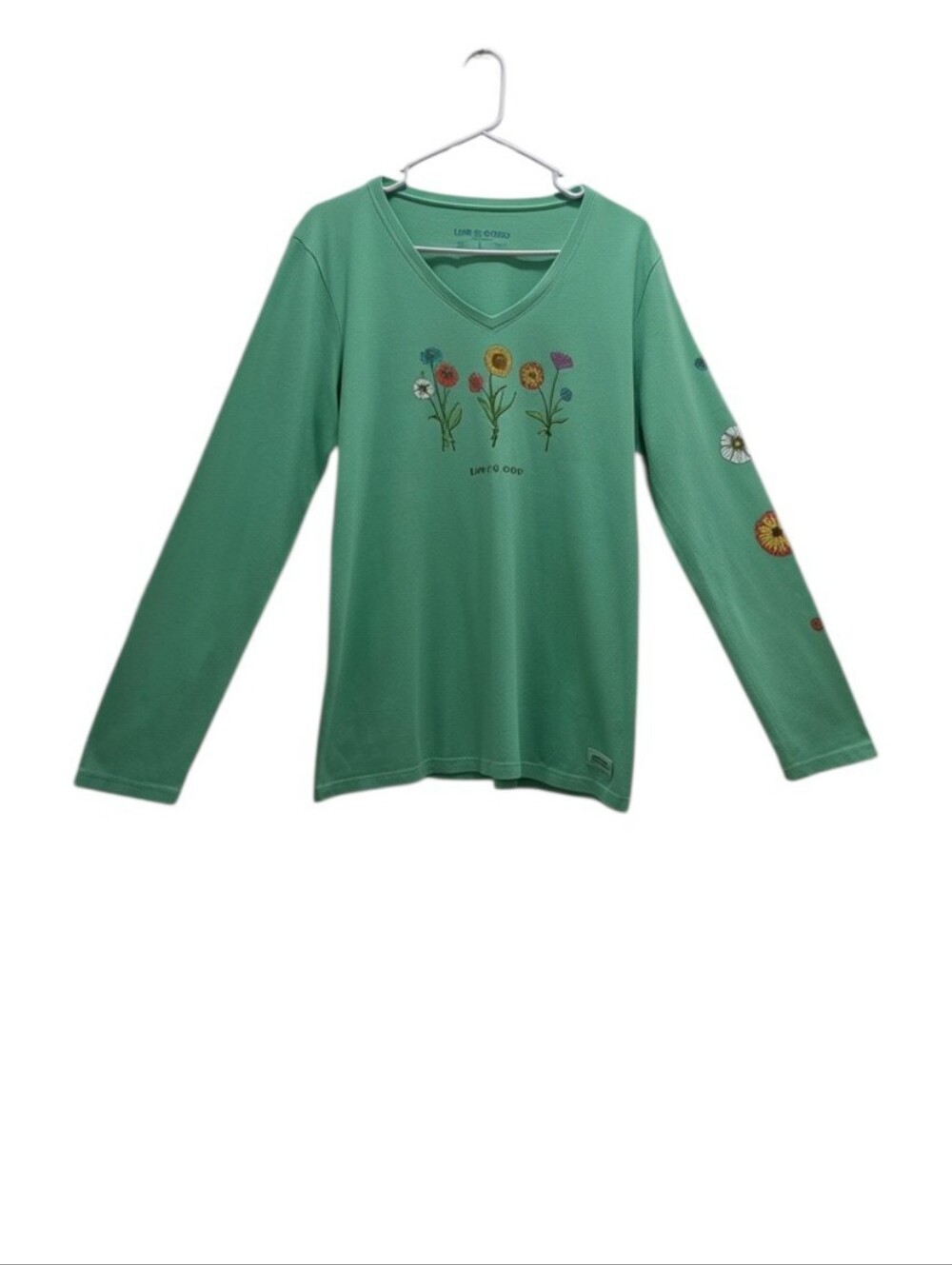 Life is Good Large Green Wildflower Floral V Neck Long Sleeve Graphic T Shirt